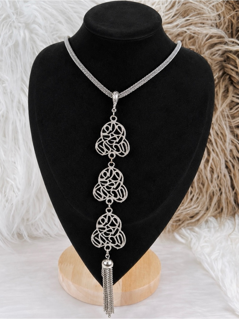 Vintage aged Silvertone, long fringe pendant necklace